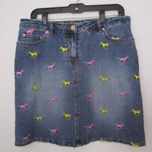 Jean Skirt Embroidered Horses Derby Races Dark Denim Indigo